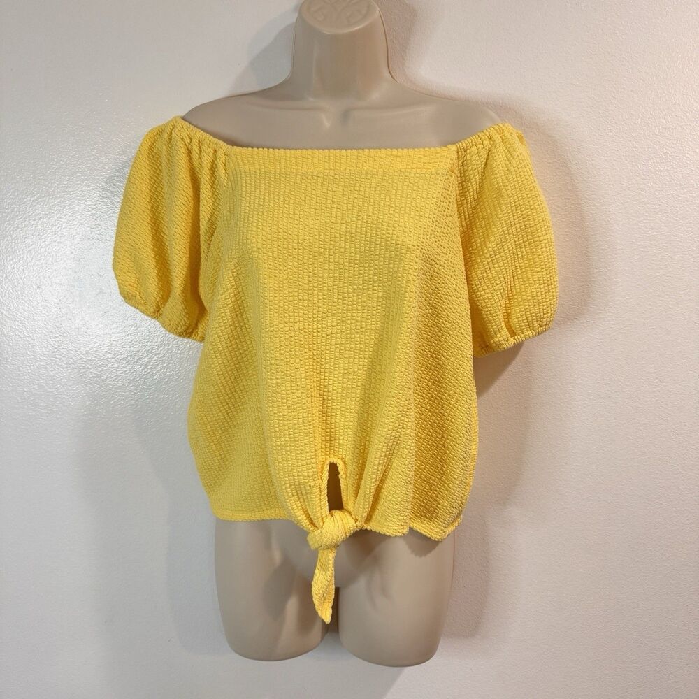 Ann Taylor LOFT Shirt Blouse M Off the Shoulder Yellow Ribbed Peasant Tie Front
